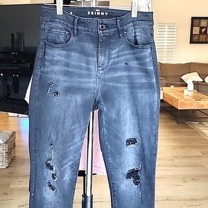 WHBM  Sequin Destructed Mid-Rise Skinny Jeans in black